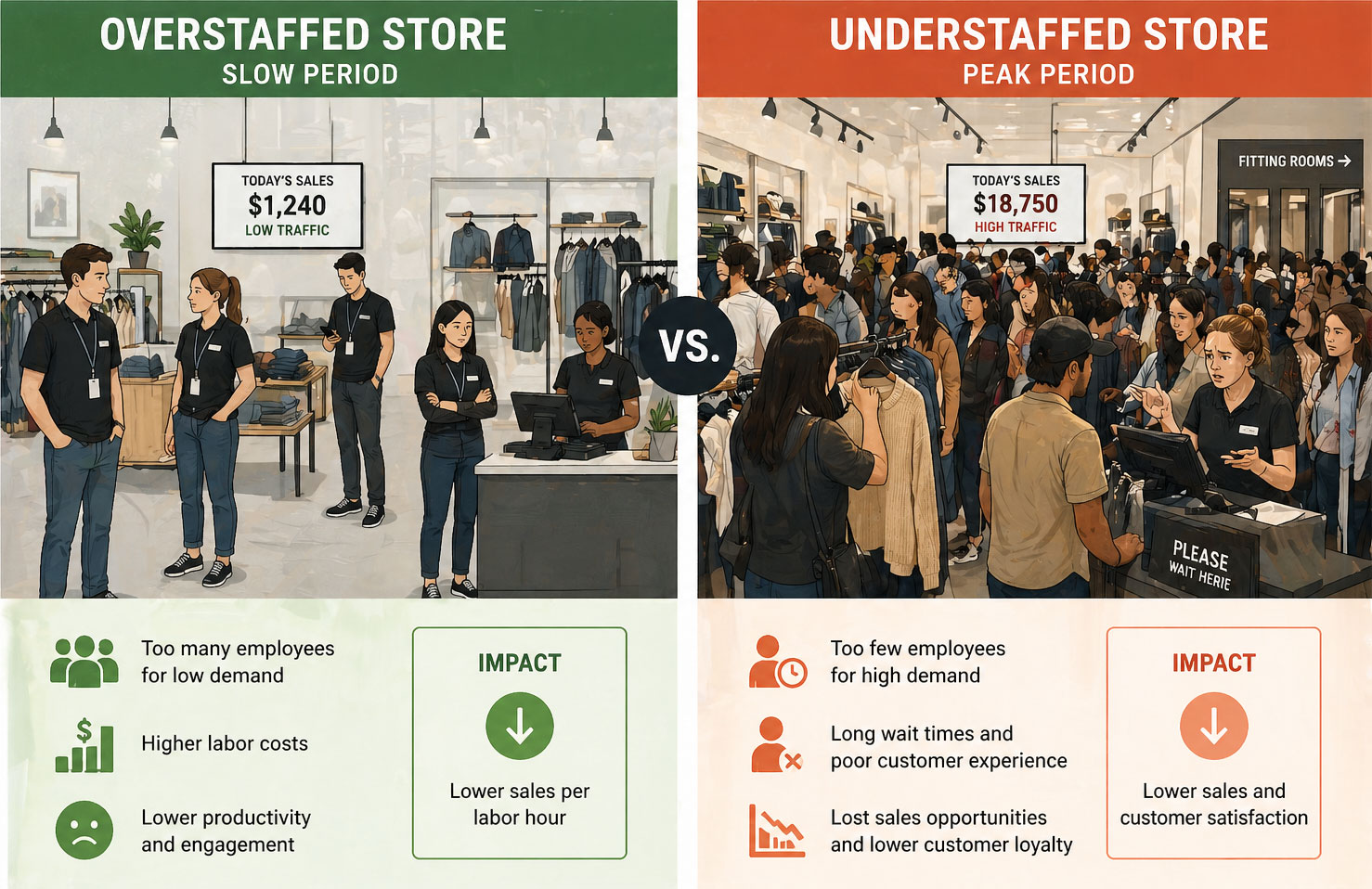 Comparison of an overstaffed retail store during a slow period versus an understaffed store during peak hours