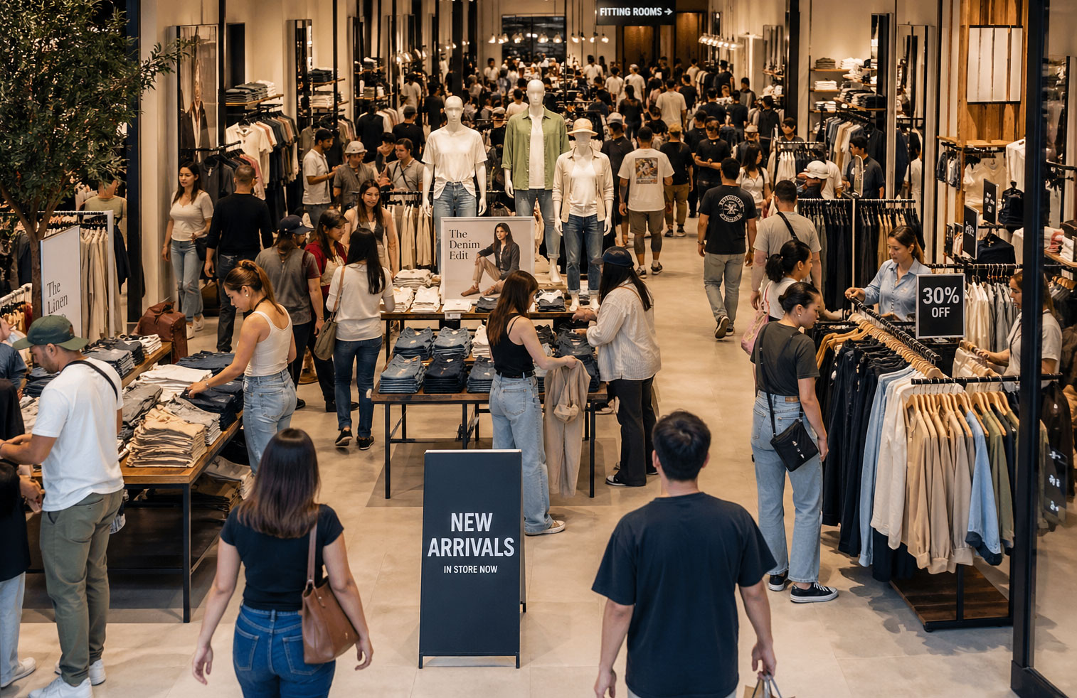 Shoppers browsing inside a busy retail clothing store during a weekend afternoon